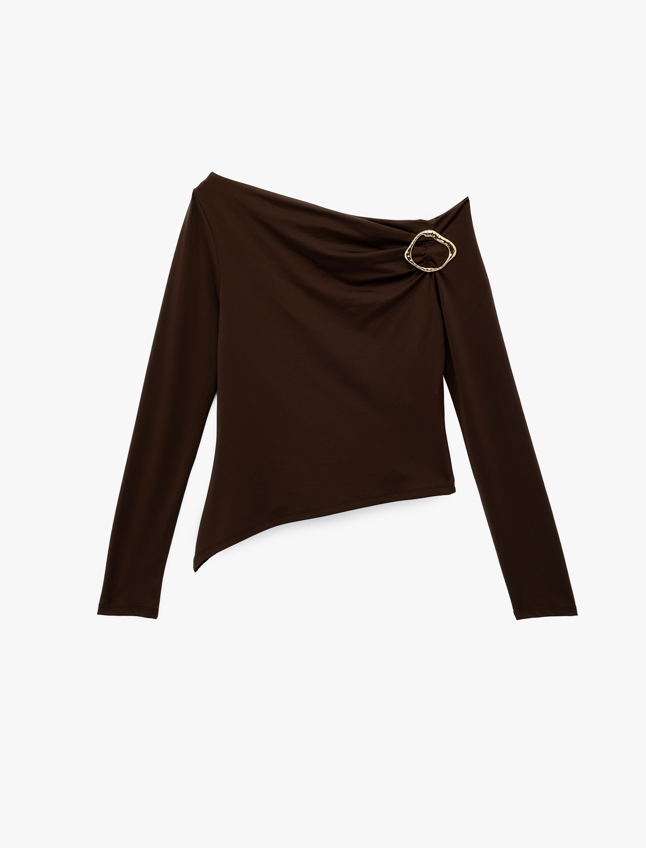   Slim Fit Asimetrik Yaka Metal Aksesuarlı Uzun Kollu Tişört