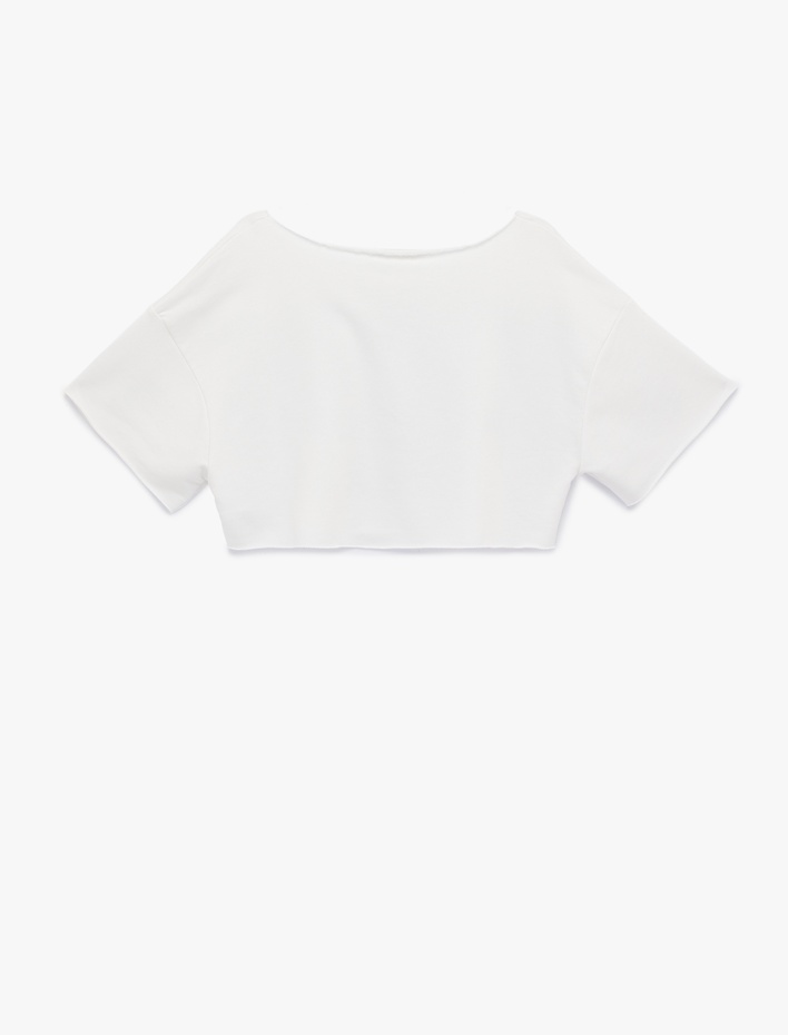  Omzu Açık Kısa Kollu Pamuklu Baskılı Crop Tişört