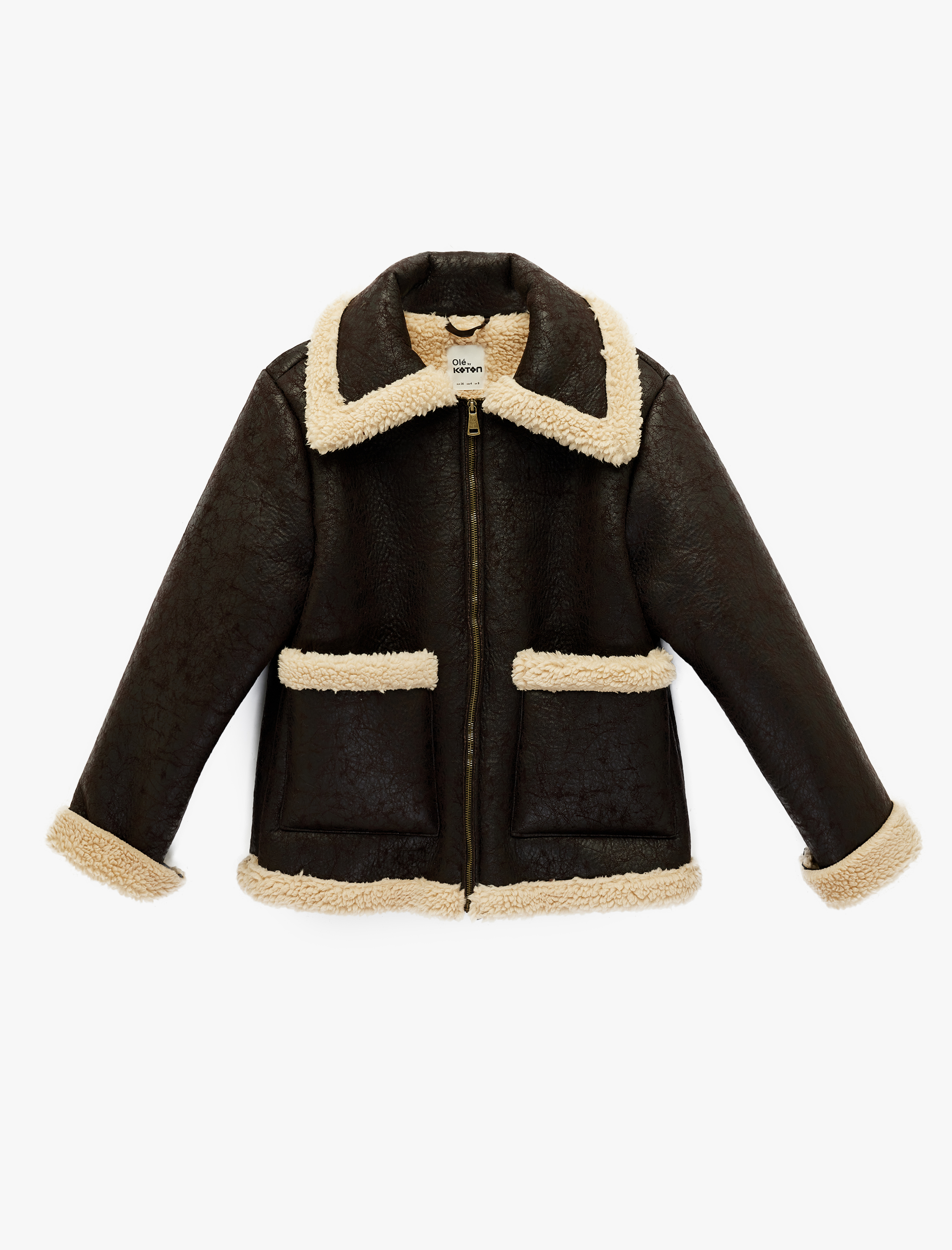   Cep Detaylı Fermuarlı Klasik Yaka Deri Görünümlü İçi Suni Kürklü Ceket