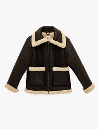 Cep Detaylı Fermuarlı Klasik Yaka Deri Görünümlü İçi Suni Kürklü Ceket