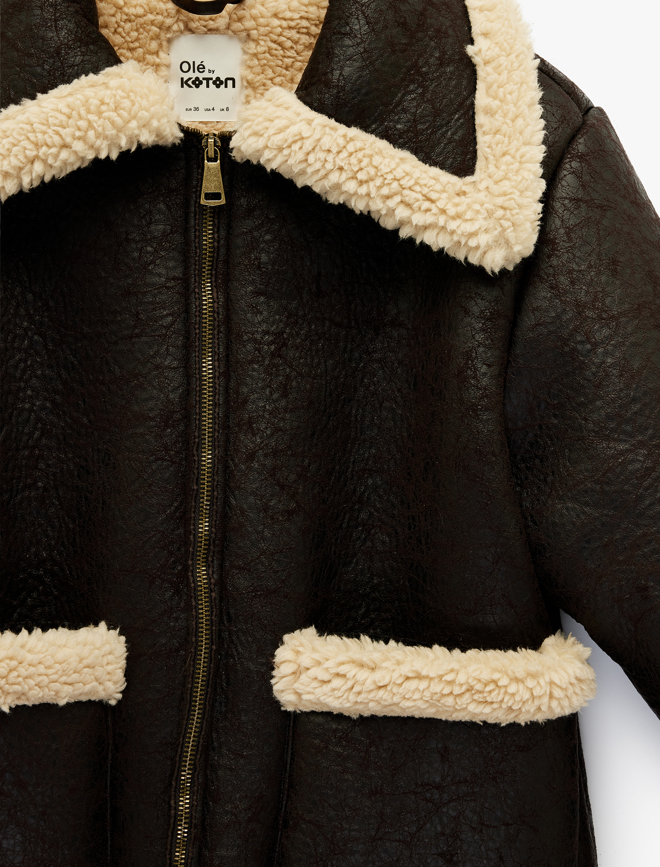   Cep Detaylı Fermuarlı Klasik Yaka Deri Görünümlü İçi Suni Kürklü Ceket