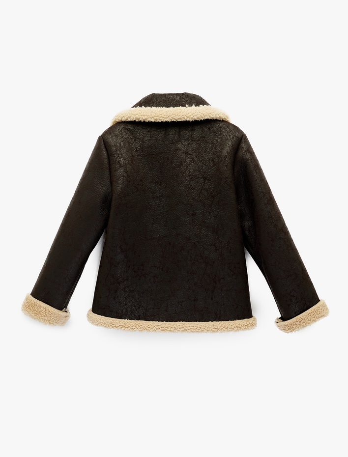  Cep Detaylı Fermuarlı Klasik Yaka Deri Görünümlü İçi Suni Kürklü Ceket