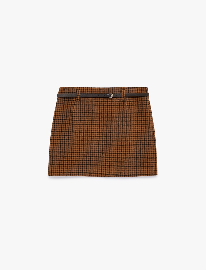  Kemerli A Kesim Ekoseli Mini Etek