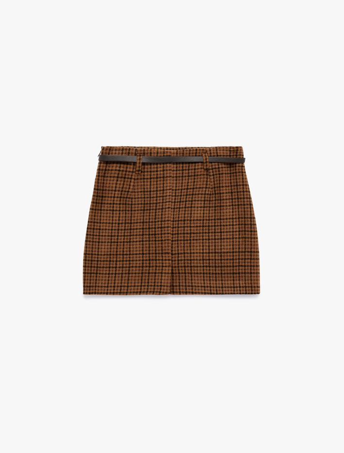  Kemerli A Kesim Ekoseli Mini Etek