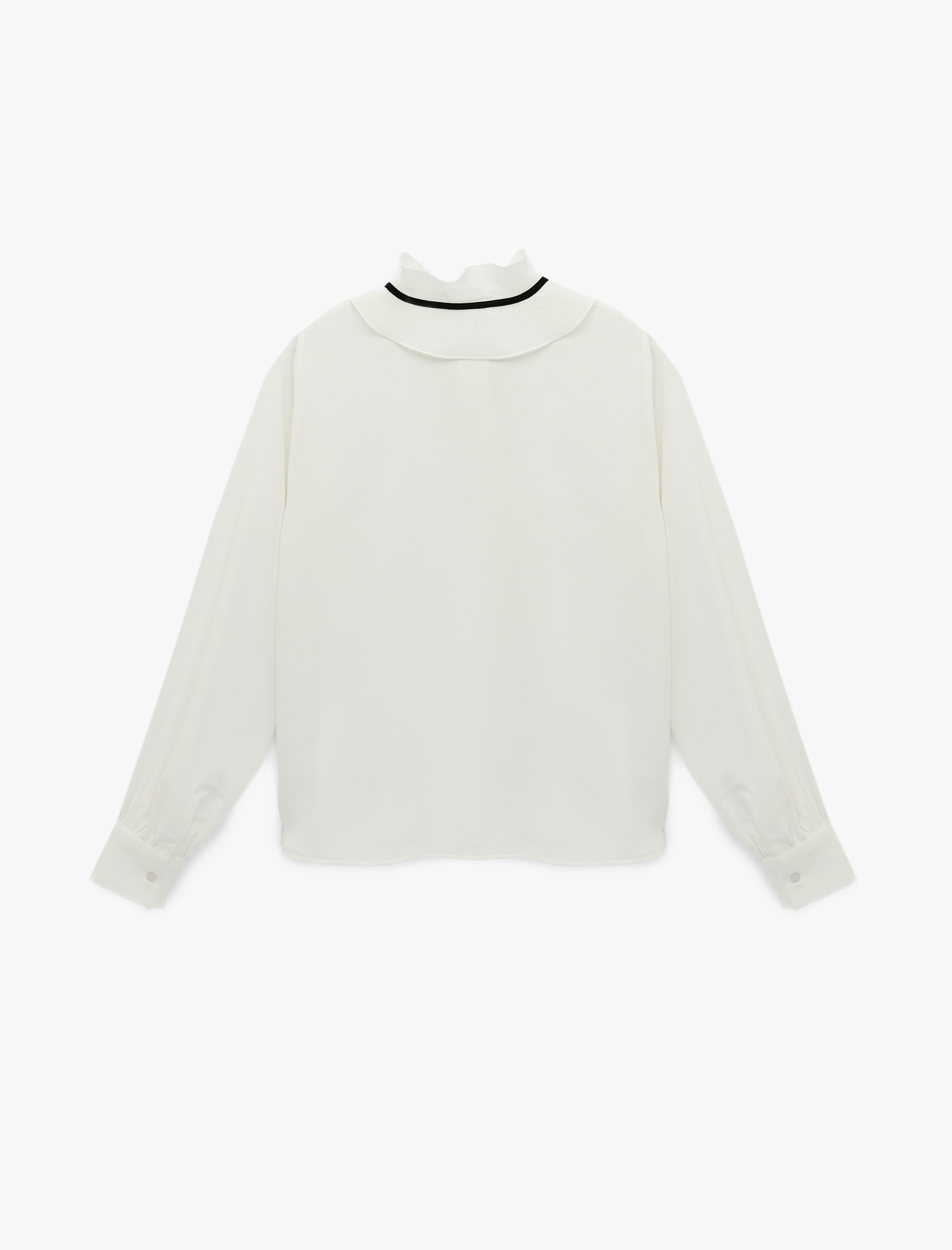   Uzun Kollu Kontrast Biyeli Fiyonk Detaylı Dik Fırfırlı Önlük Yaka Gömlek