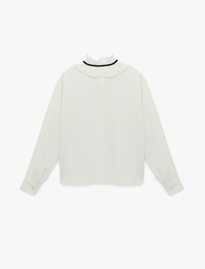  Uzun Kollu Kontrast Biyeli Fiyonk Detaylı Dik Fırfırlı Önlük Yaka Gömlek