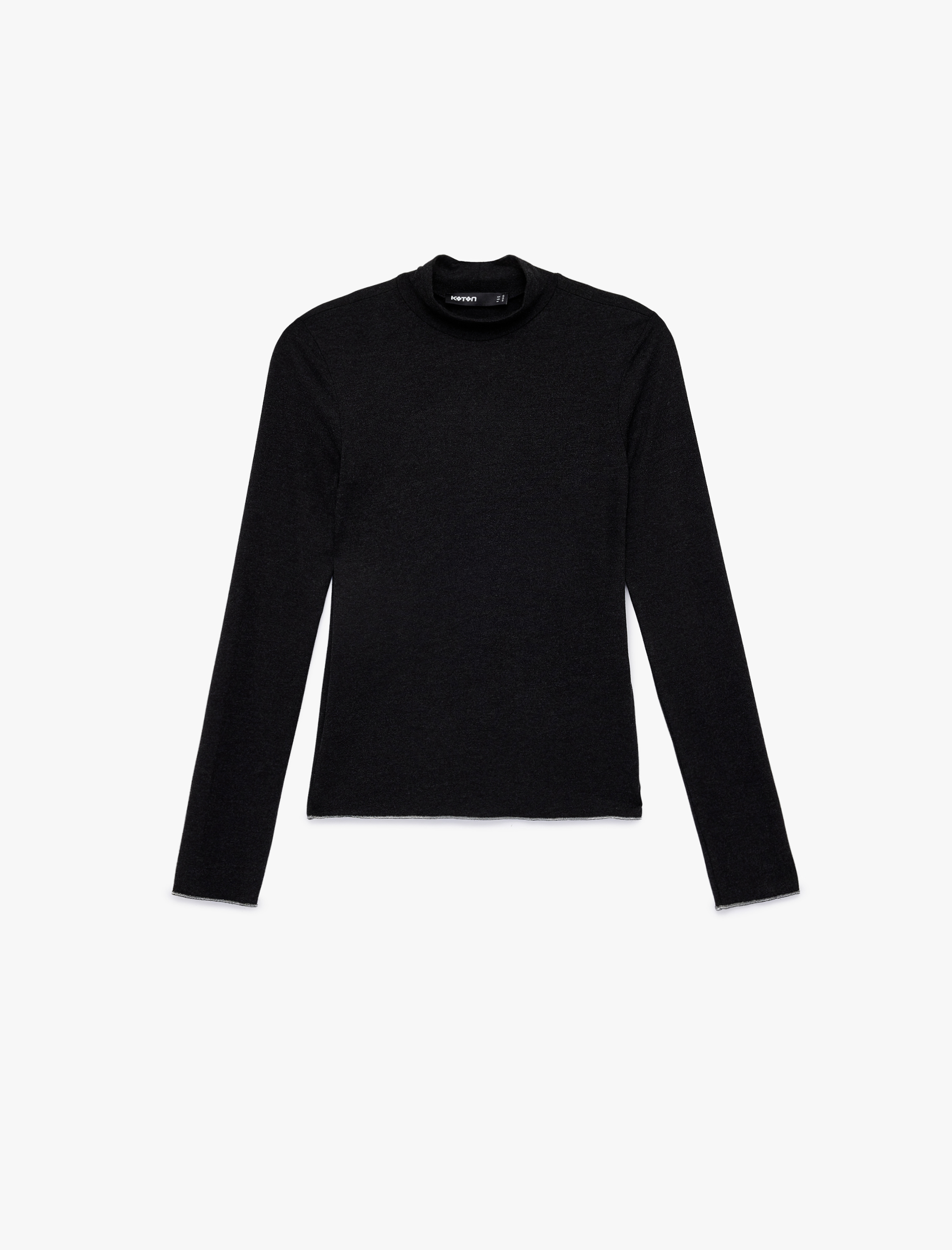   Viskon Kumaş Dik Yaka Uzun Kollu Fitilli Tişört