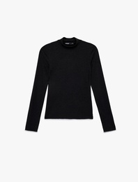 Viskon Kumaş Dik Yaka Uzun Kollu Fitilli Tişört