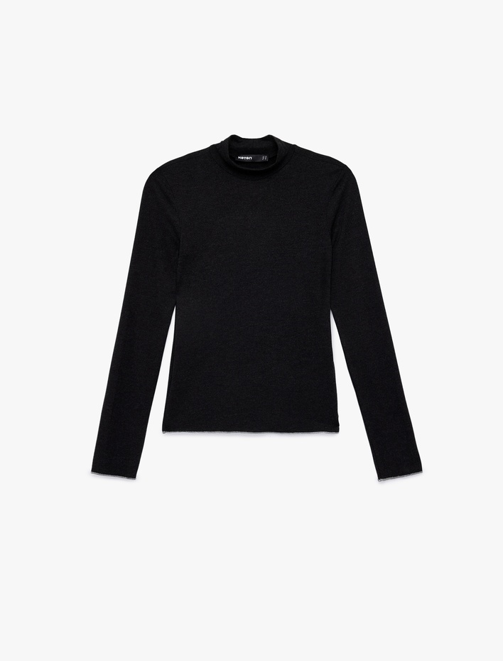  Viskon Kumaş Dik Yaka Uzun Kollu Fitilli Tişört