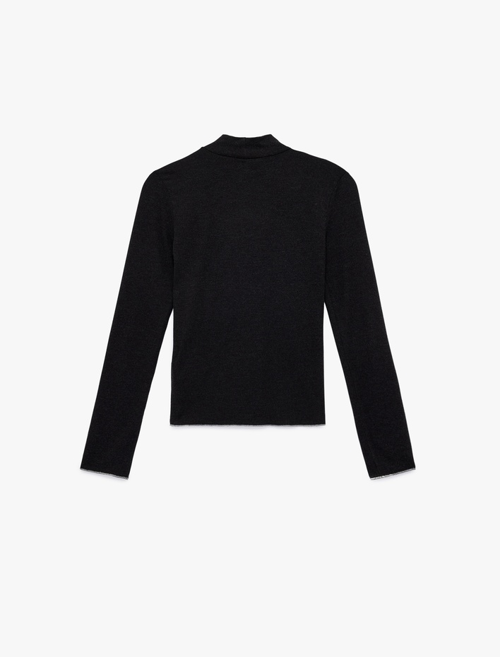  Viskon Kumaş Dik Yaka Uzun Kollu Fitilli Tişört