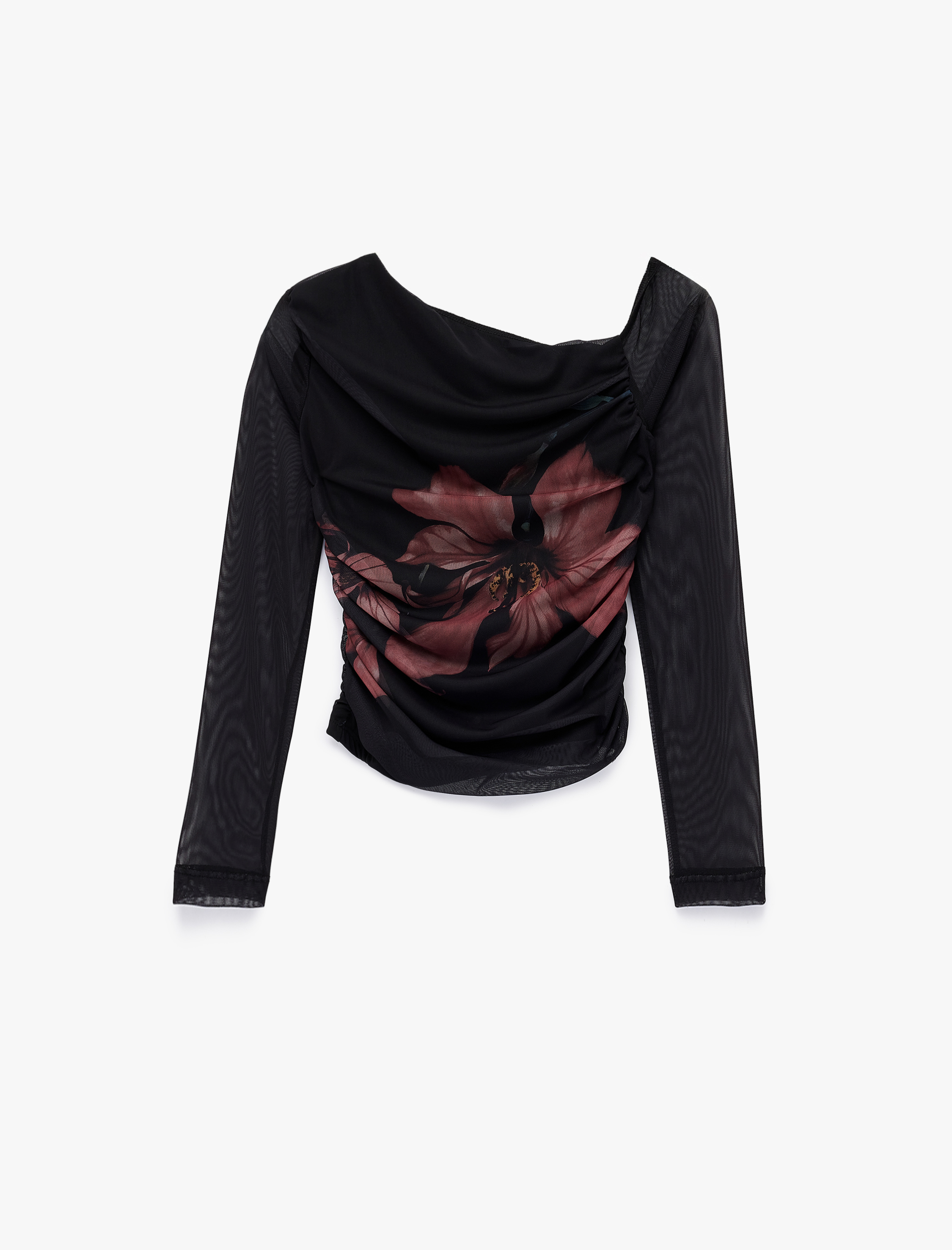   Asimetrik Yaka Uzun Kollu Büzgülü Çiçekli Tül Tişört