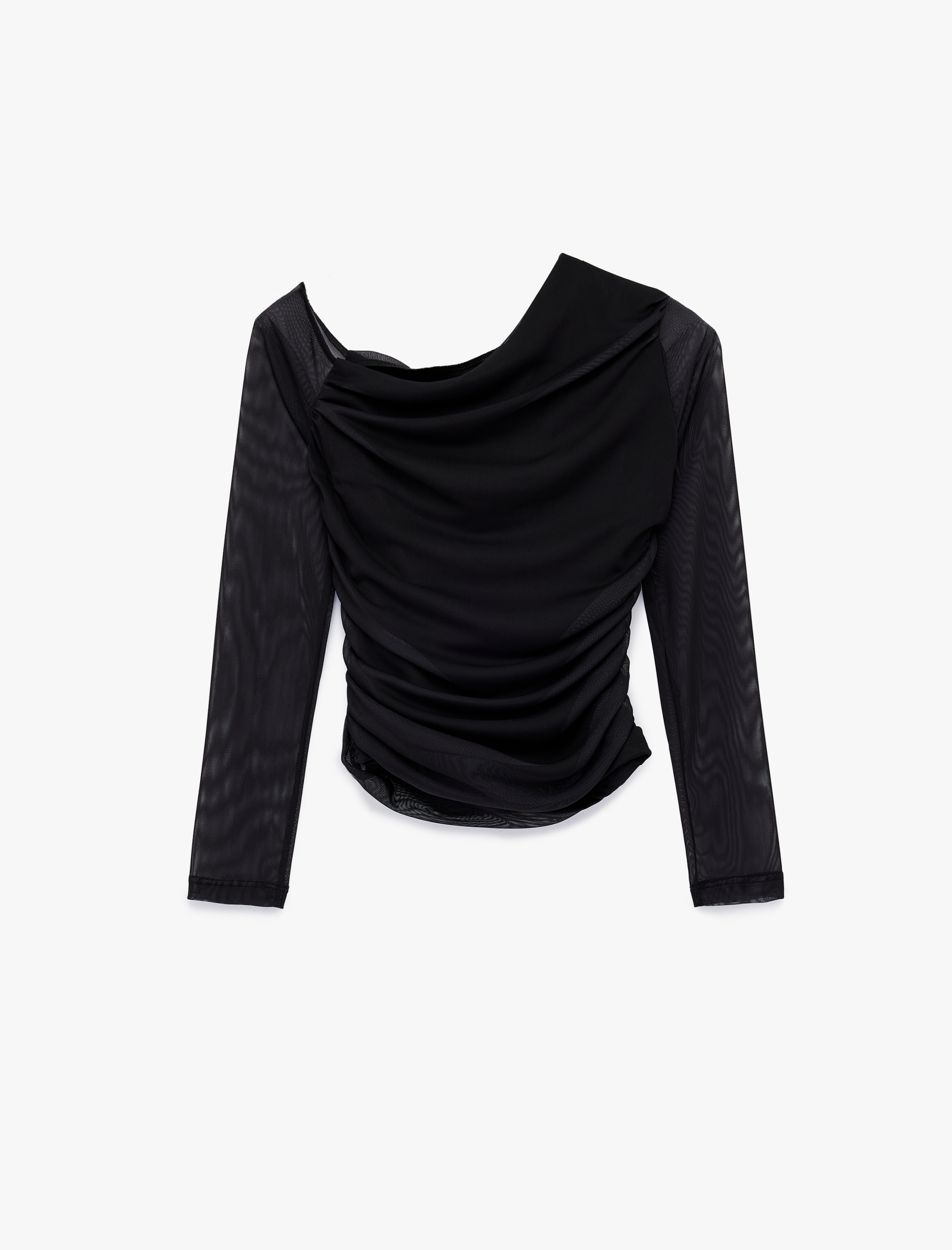   Asimetrik Yaka Uzun Kollu Büzgülü Çiçekli Tül Tişört