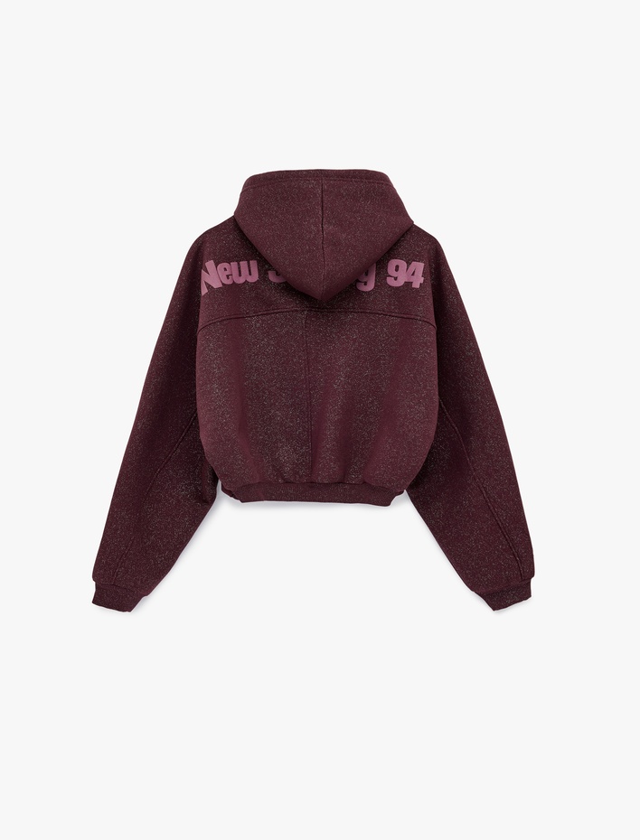  Şardonlu Kapüşonlu Baskılı Simli Cep Detaylı Fermuarlı Sweatshirt