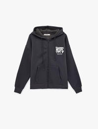 Arkası Baskılı Cepli Fermuarlı Kapüşonlu Oversize Sweatshirt
