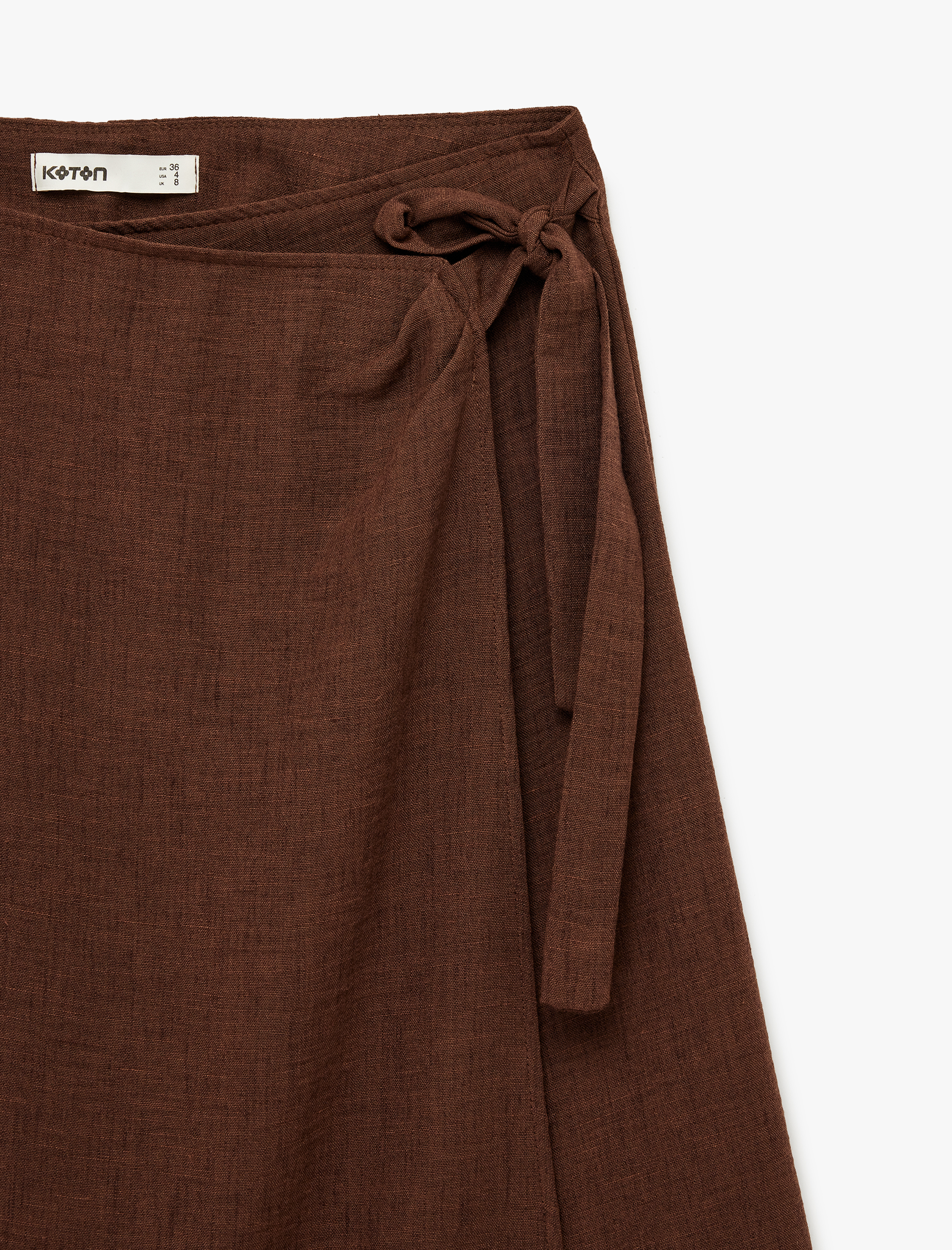   Keten Görünümlü Asimetrik Bağlama Detaylı Kruvaze Midi Etek