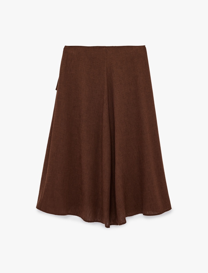  Keten Görünümlü Asimetrik Bağlama Detaylı Kruvaze Midi Etek