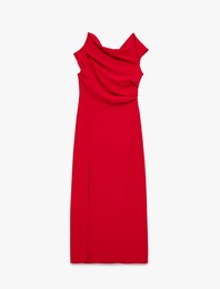 Tek Omuz Kolsuz Yırtmaç Detaylı Drapeli Midi Elbise