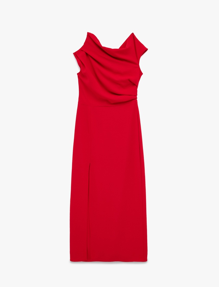  Tek Omuz Kolsuz Yırtmaç Detaylı Drapeli Midi Elbise