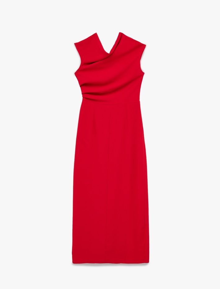  Tek Omuz Kolsuz Yırtmaç Detaylı Drapeli Midi Elbise