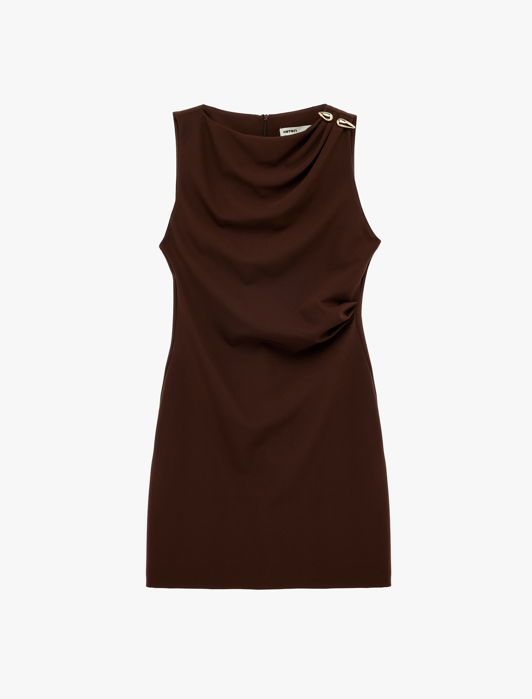   Aksesuar Detaylı Kolsuz Drapeli Yuvarlak Yaka Mini Elbise