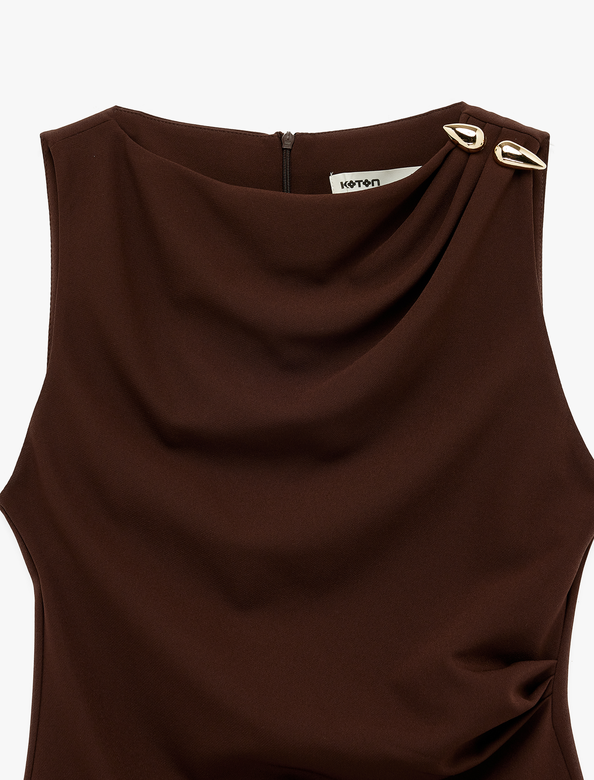   Aksesuar Detaylı Kolsuz Drapeli Yuvarlak Yaka Mini Elbise