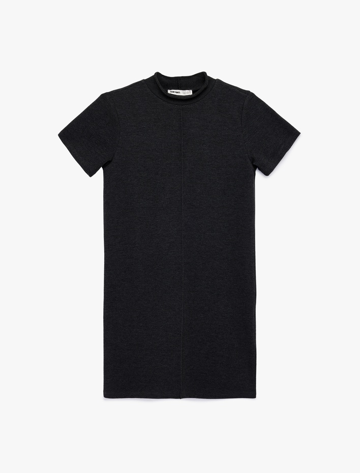  Hafif Dik Yaka Kısa Kollu Slim Fit Mini Elbise