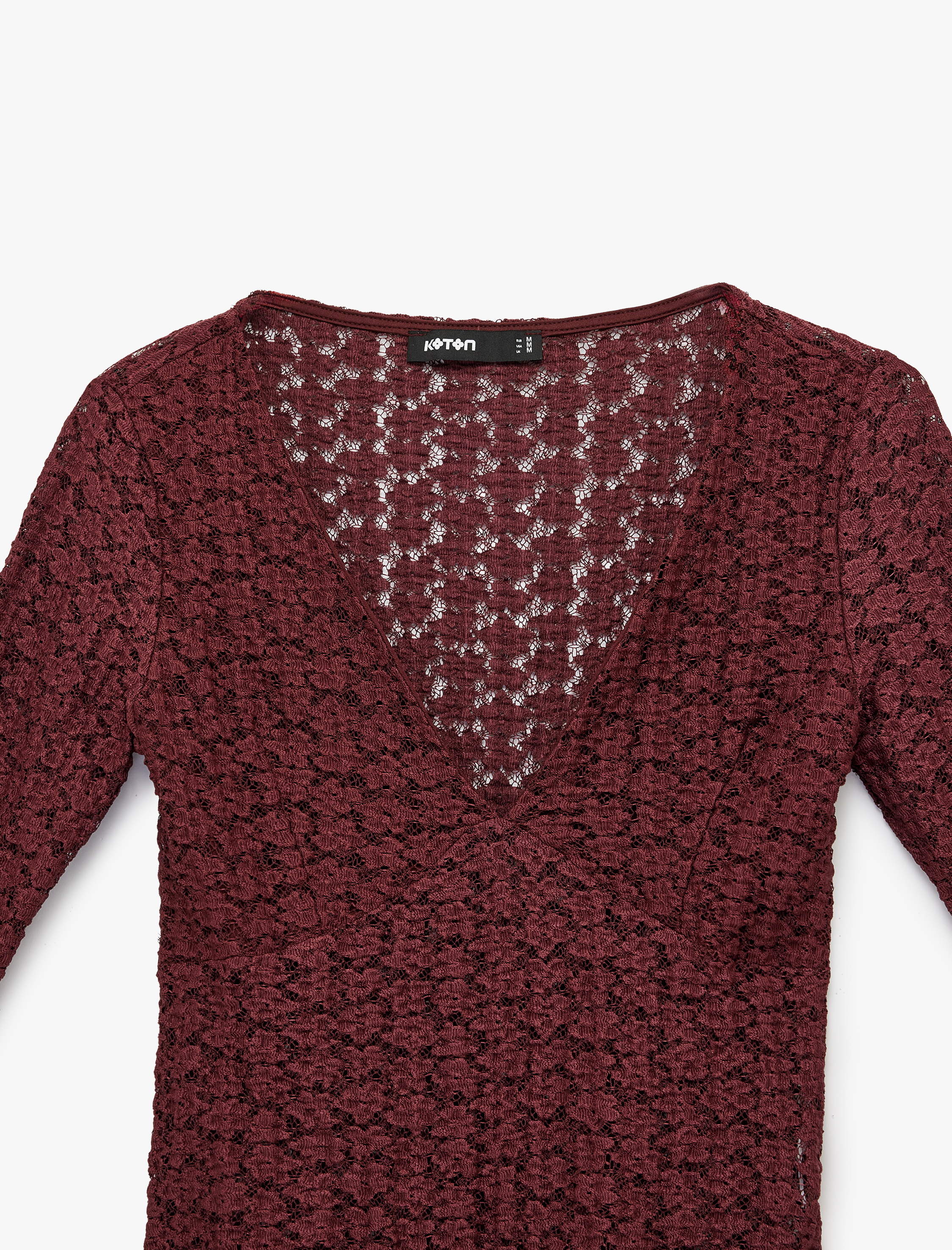   Slim Fit Uzun İspanyol Kollu V Yaka Dantel Tişört