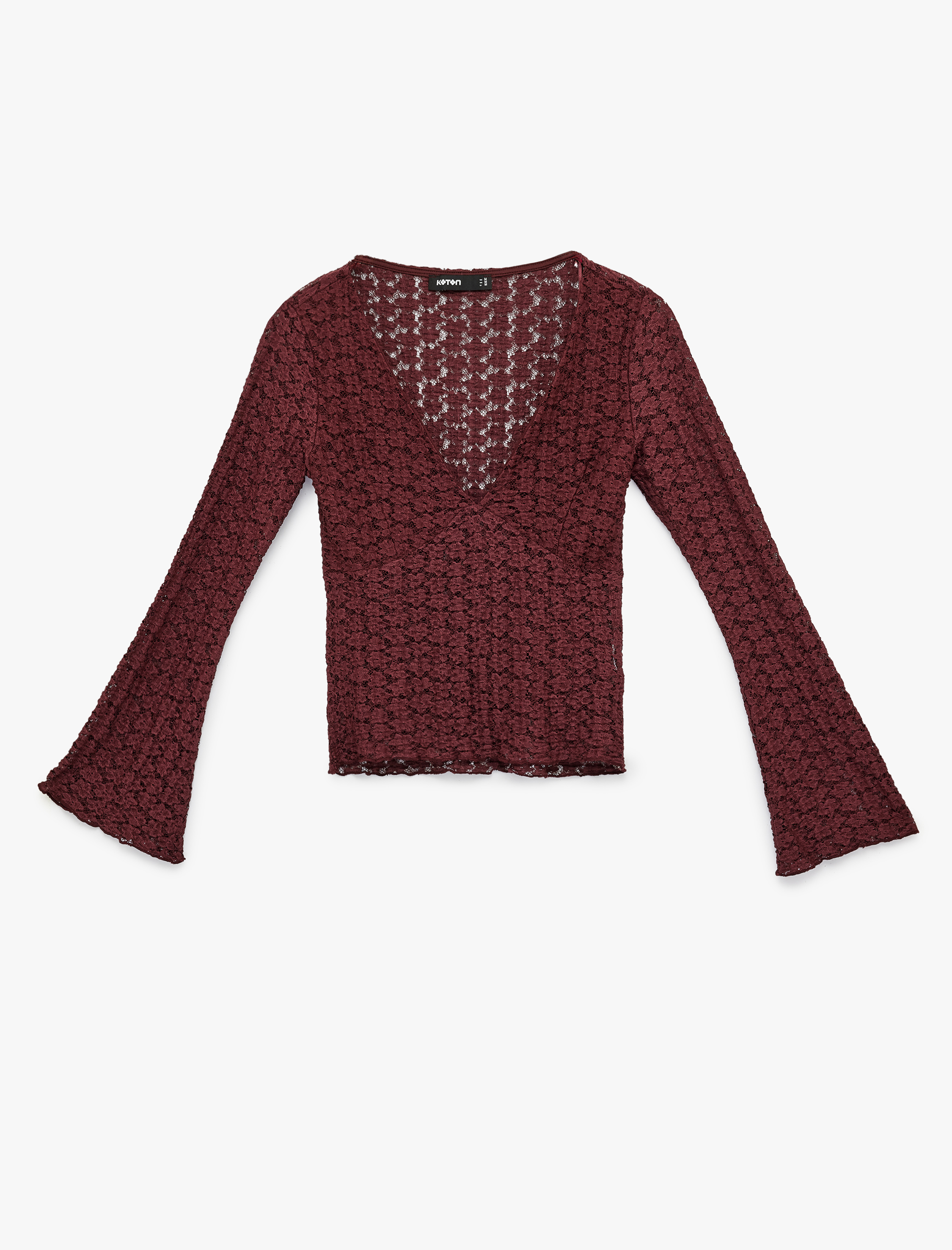   Slim Fit Uzun İspanyol Kollu V Yaka Dantel Tişört