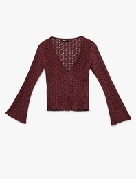 Slim Fit Uzun İspanyol Kollu V Yaka Dantel Tişört