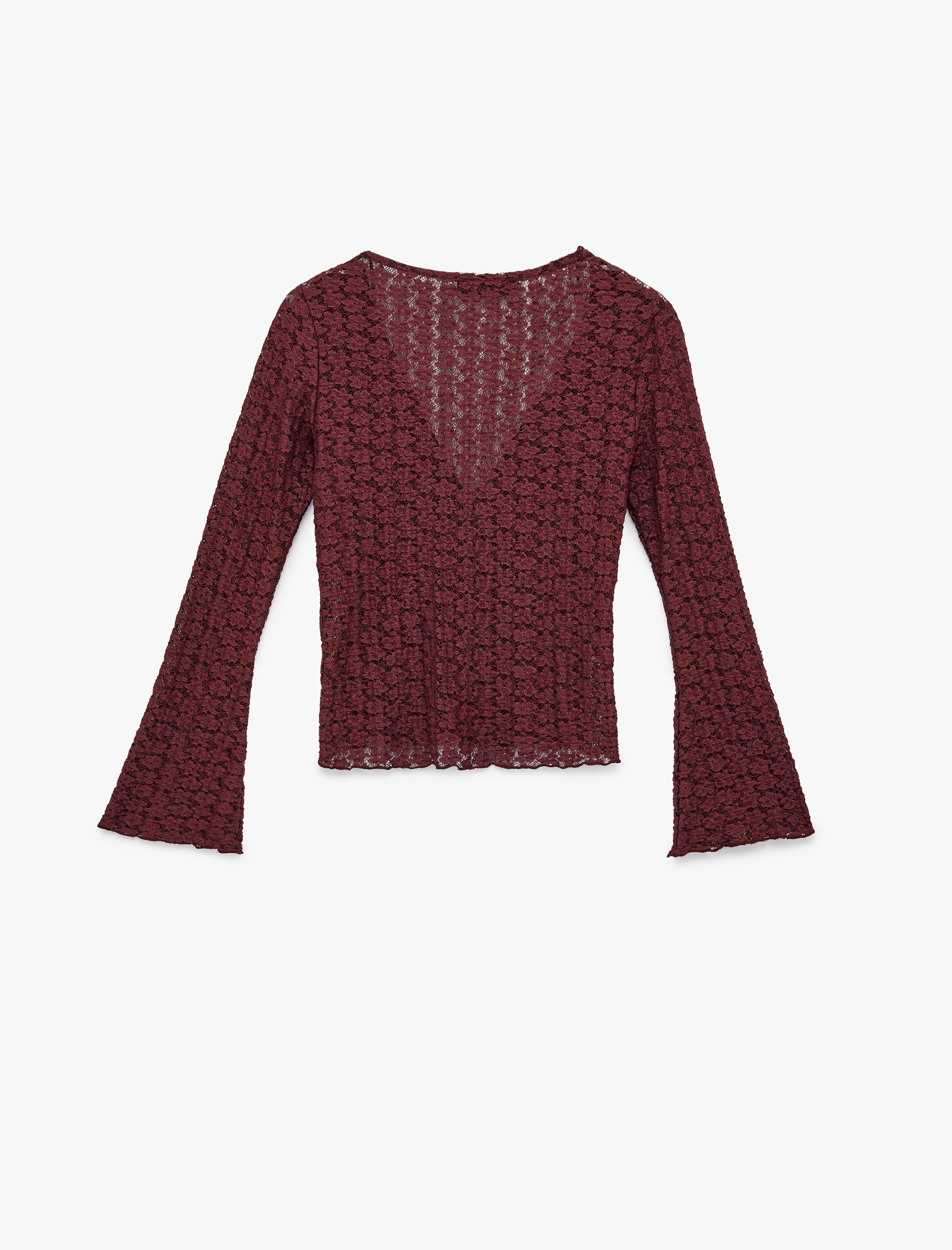   Slim Fit Uzun İspanyol Kollu V Yaka Dantel Tişört