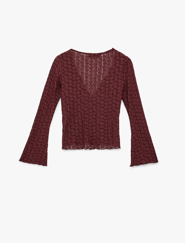  Slim Fit Uzun İspanyol Kollu V Yaka Dantel Tişört