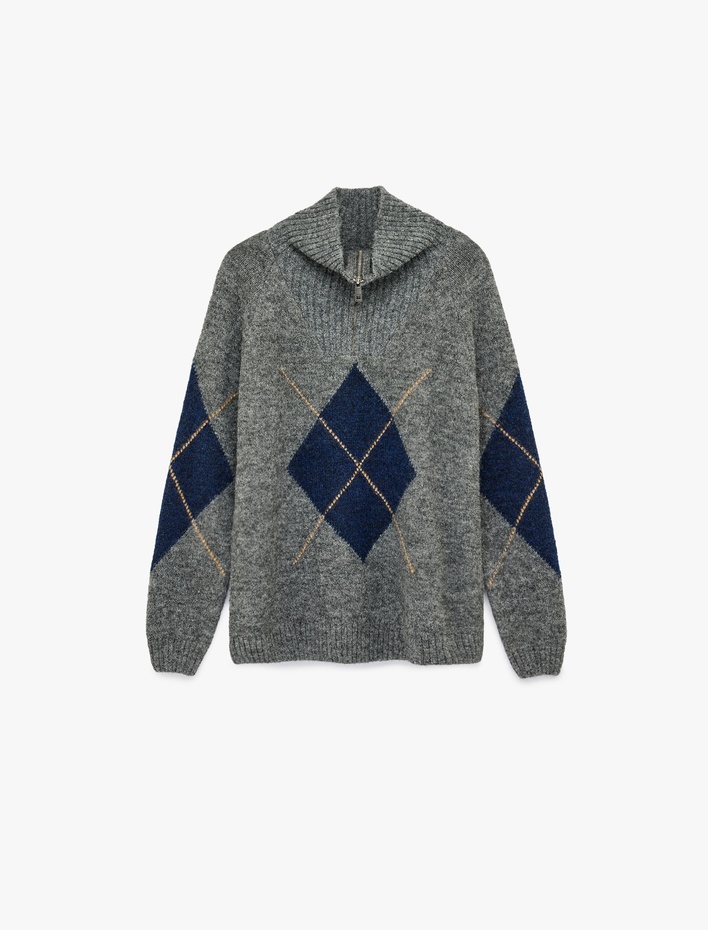  Uzun Kollu Baklava Desenli Yaka Detaylı Yarım Fermuarlı Triko Kazak