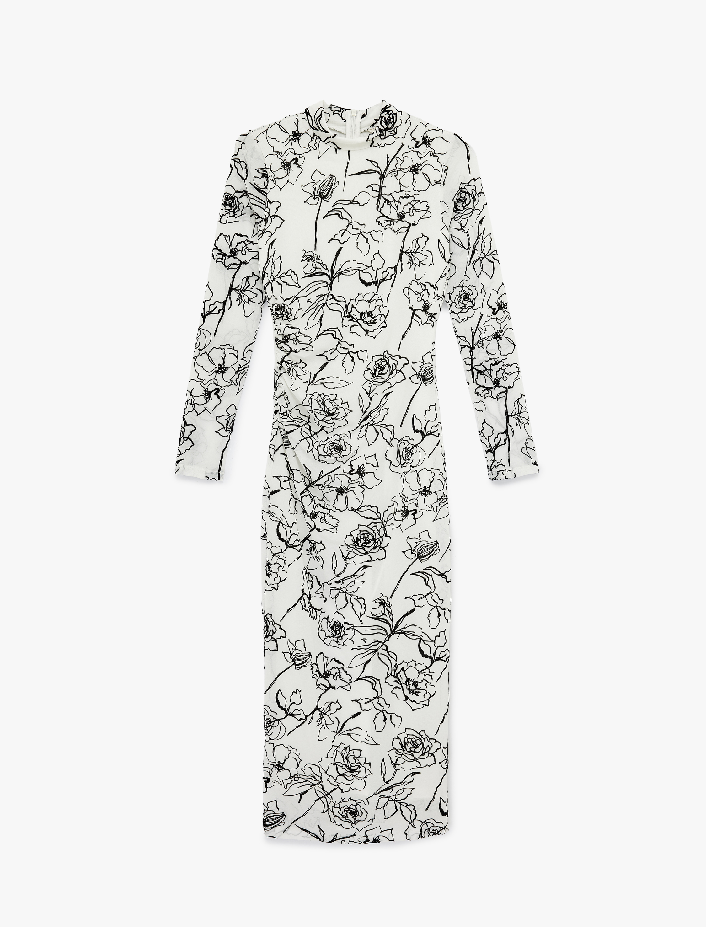   Dik Yaka Uzun Kollu Midi Boy Çiçekli Bodycon Kalem Elbise