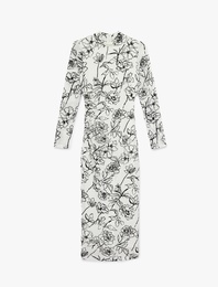 Dik Yaka Uzun Kollu Midi Boy Çiçekli Bodycon Kalem Elbise