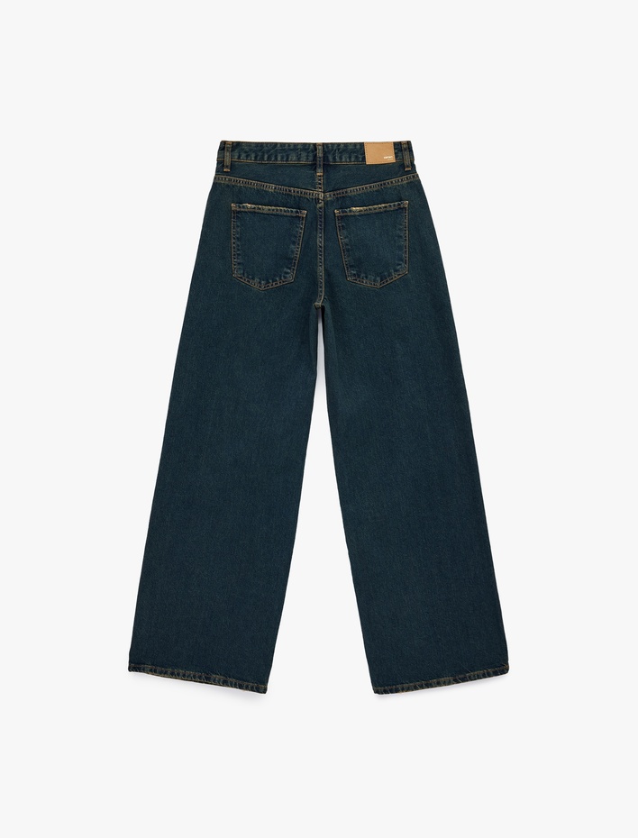  Rahat Kalıp Düz Paça Düğmeli Cepli Denim Pantolon - Loose Straight Fit Jean