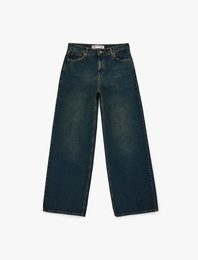 Rahat Kalıp Düz Paça Düğmeli Cepli Denim Pantolon - Loose Straight Fit Jean