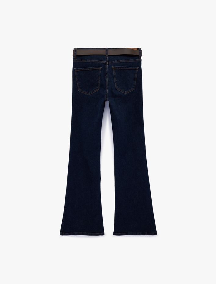  Dar Kesim Kemerli Düğmeli İspanyol Paça Denim Pantolon - Flare Jeans