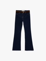 Dar Kesim Kemerli Düğmeli İspanyol Paça Denim Pantolon - Flare Jeans