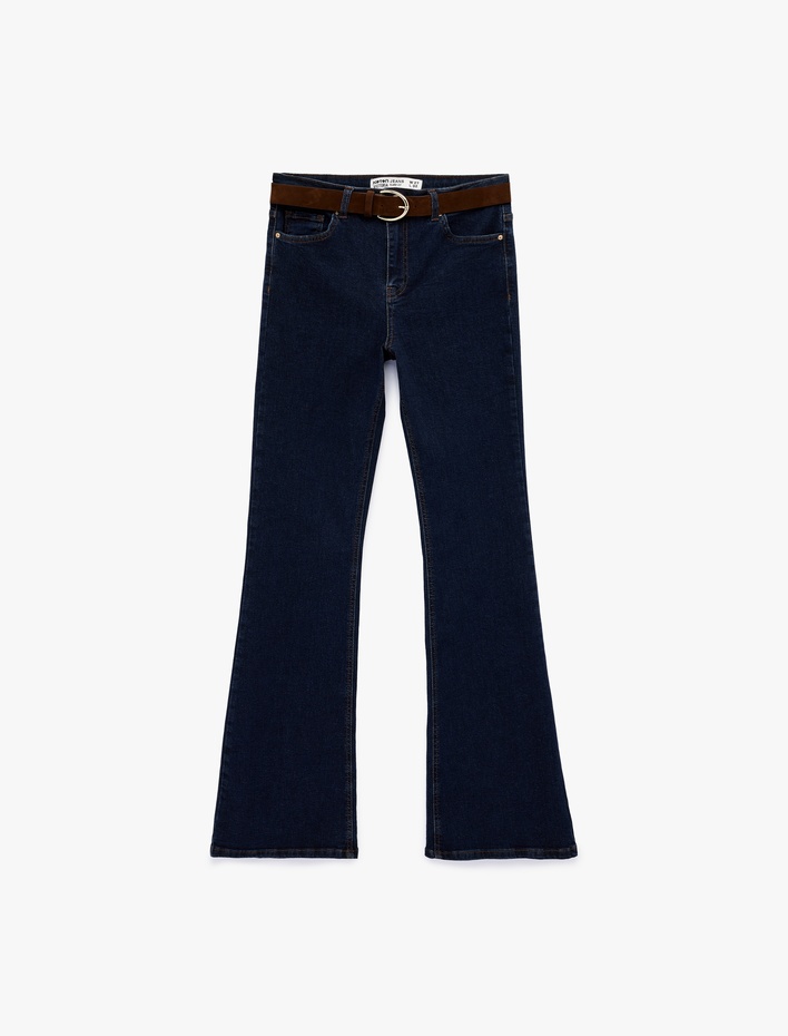  Dar Kesim Kemerli Düğmeli İspanyol Paça Denim Pantolon - Flare Jeans