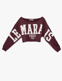 Uzun Kollu Kayık Yaka Baskılı Crop Oversize Sweatshirt