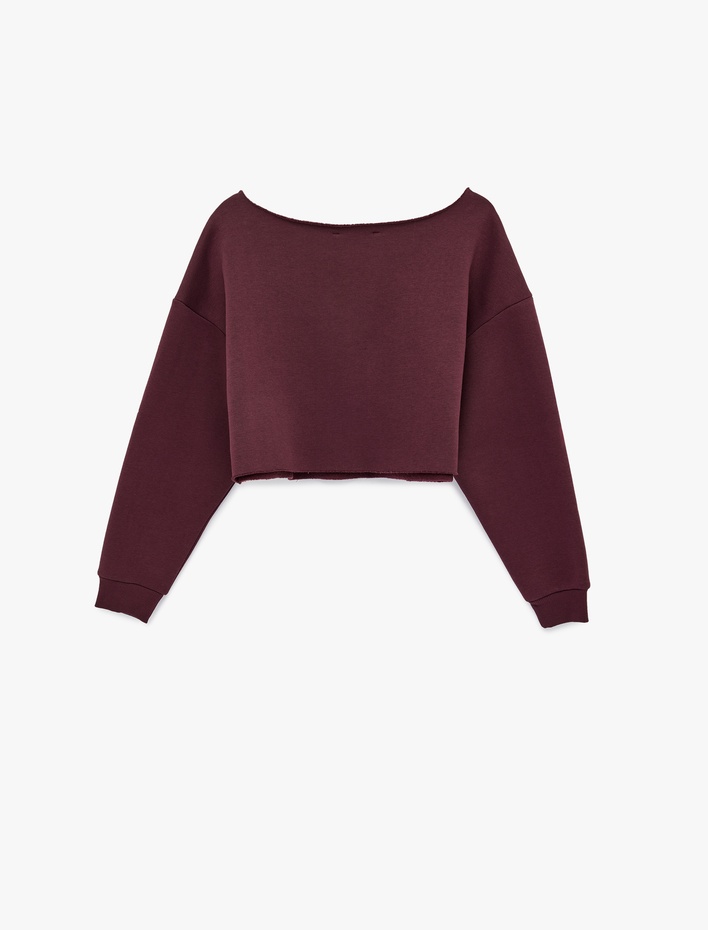  Uzun Kollu Kayık Yaka Baskılı Crop Oversize Sweatshirt