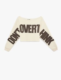 Uzun Kollu Kayık Yaka Baskılı Crop Oversize Sweatshirt