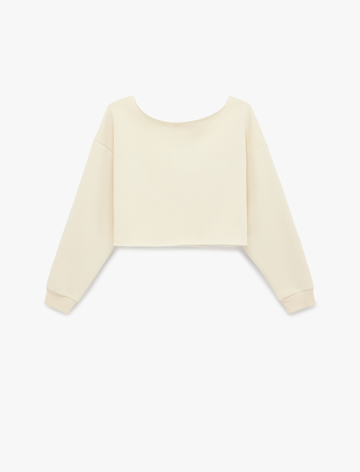  Uzun Kollu Kayık Yaka Baskılı Crop Oversize Sweatshirt