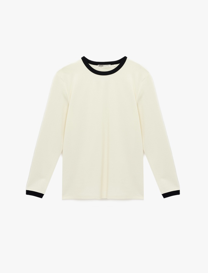  Regular Fit Ribanalı Renk Kontrastlı Pamuklu Bisiklet Yaka Uzun Kollu Tişört