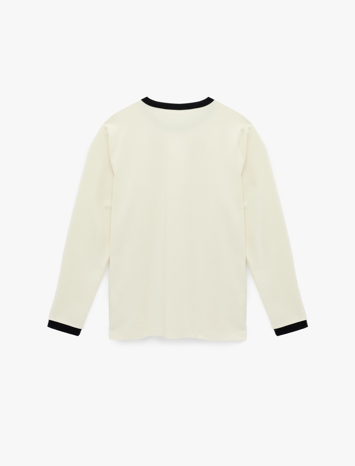  Regular Fit Ribanalı Renk Kontrastlı Pamuklu Bisiklet Yaka Uzun Kollu Tişört