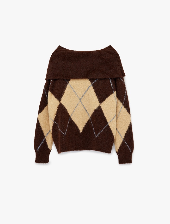  Uzun Kollu Omzu Açık Baklava Desenli Triko Oversize Kazak