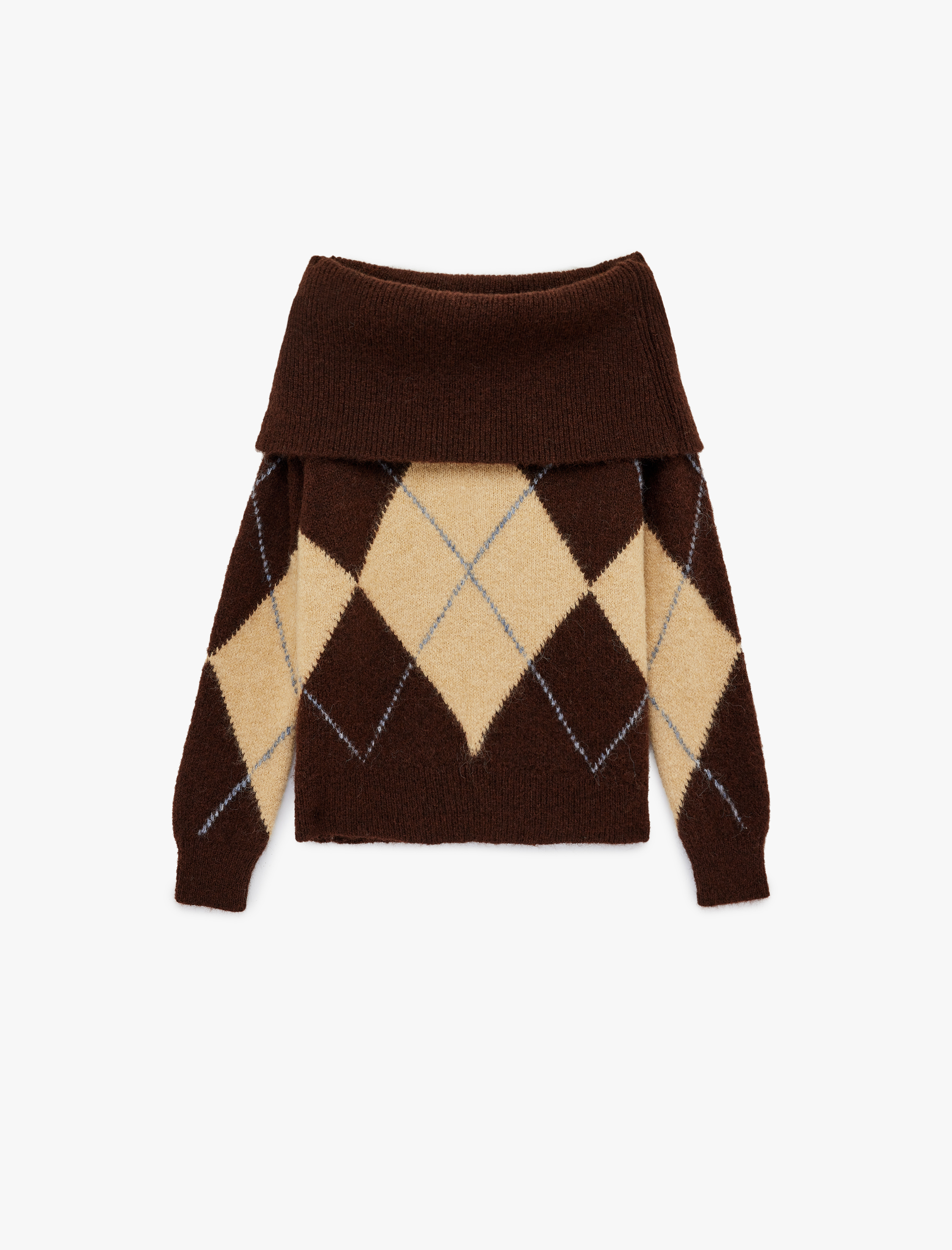   Uzun Kollu Omzu Açık Baklava Desenli Triko Oversize Kazak