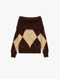 Uzun Kollu Omzu Açık Baklava Desenli Triko Oversize Kazak