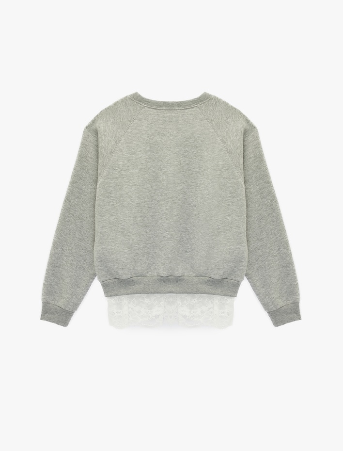  Dantel Detaylı Bisiklet Yaka Uzun Kollu Oversize Sweatshirt