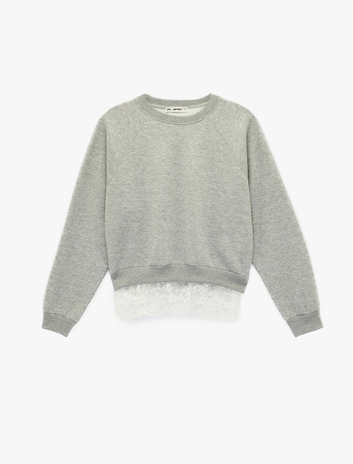  Dantel Detaylı Bisiklet Yaka Uzun Kollu Oversize Sweatshirt